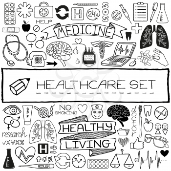 Doodle medical set of icons with medical and science tools, human organs etc. Vector illustration.