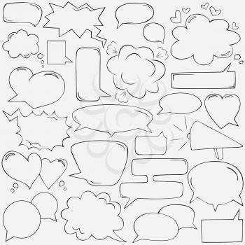 Speech bubbles with hearts and clouds, hand drawn. Vector illustration.