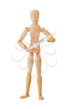 Wooden mannequin holding syringe isolated on white.