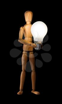 Wooden mannequin holding light bulb isolated on black. Idea concept.