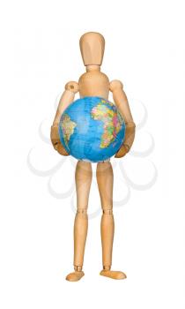 Wooden model dummy holding globe. Isolated on white. Eco concept.