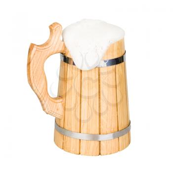 Wooden beer mug with beer isolated on white
