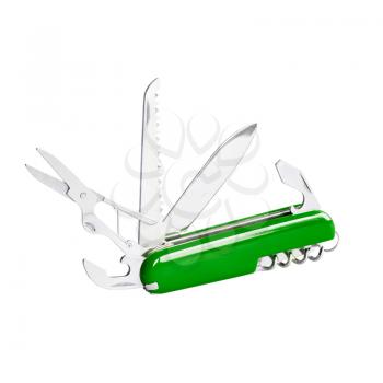 Green swiss knife, open blades. Isolated on white
