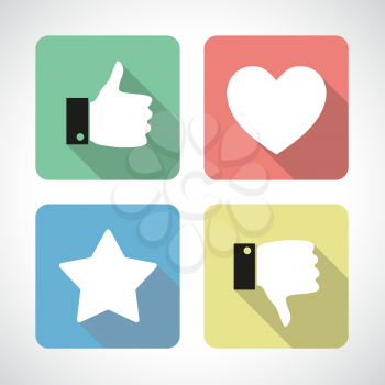 Four colorful flat icons with long shadow. Thumb up, thumb down, star and heart. Social media pictogram. Like and dislike, favorite item and customer's choiceconcept.