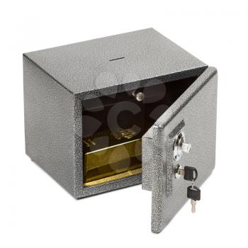 Opened safe with golden piece inside. Keeping the finances, money, gold safe concept. Isolated on white.