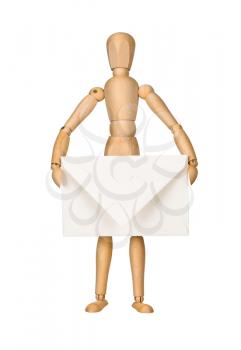 Wooden model dummy holding envelop, isolated on white. Mail concept.
