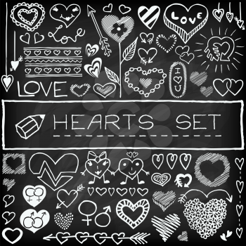 Doodle set of hearts and arrows with chalkboard effect. Deisgn elements for weeding invitations, Valentine's Day cards etc. 