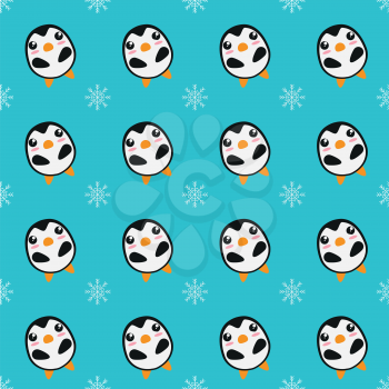 Seamless background of penguins and snow flakes. Vector illustration.