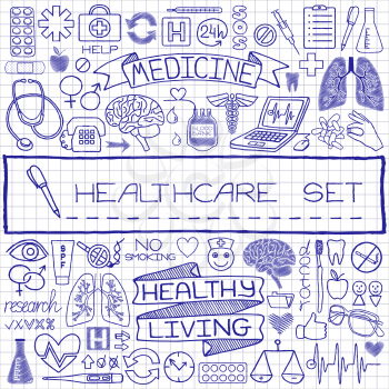 Doodle medical set of icons with medical and science tools, human organs etc. Vector illustration.