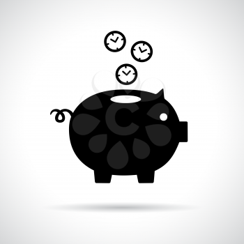 Piggy bank icon with clocks falling in. Time is money concept.