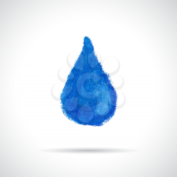 Blue water drop icon, hand drawn with oil pastel crayon. Corporate logo, ecology concept.
