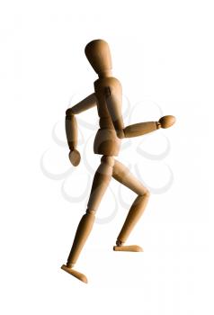 Wooden mannequin running upstairs isolated on white