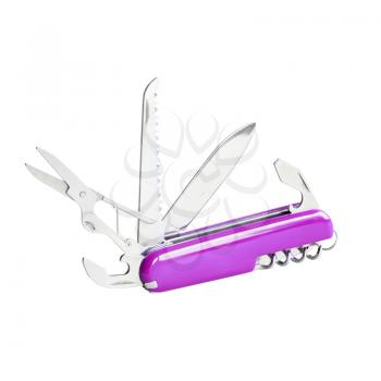 Violet swiss knife, open blades. Isolated on white