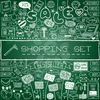 Shopping doodle set. Chalk board effect. Hand drawn icons collection with discount tags, computer, smartphone, gift box, hearts, stars and banners. Online shopping, holiday and season sale concept.