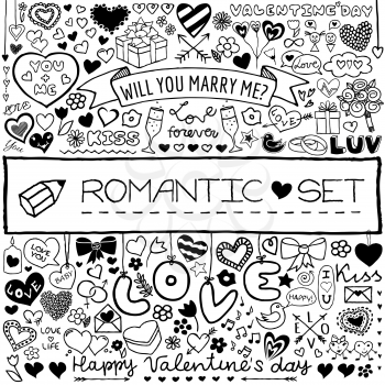 Doodle set of hearts, arrows, bows, presents, flowers etc. Design elements for Valentines Day, wedding invitation, baby shower, birthday card etc. Vector illustration.