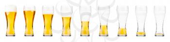 Beer glasses. Drinking sequence. Isolated on white.