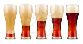 Five glasses of red beer in filling up in sequence. Isolated on white.