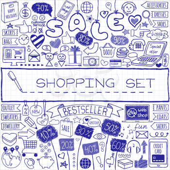 Shopping doodle set. Hand drawn icons collection with discount tags, computer, laptop, smartphone, basket, gift box, hearts, stars and banners. Online shopping, holiday and season sale concept.