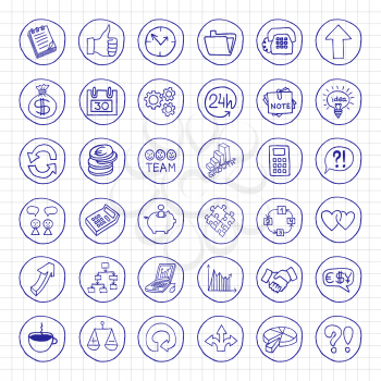 Hand drawn business set of buttons with arrows, diagrams, puzzle pieces, thumbs up and more. Pen drawn effect. Vector illustration. 