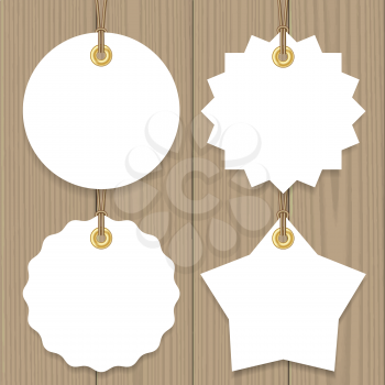 Blank sale tags mock up set. Hang tags with a string. Round, star and badge shape. Shopping label with place for price and discount captions. Clearance sale template. Vector illustration.