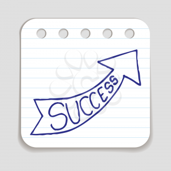 Doodle Arrow icon with the word Success. Blue pen hand drawn infographic symbol on a notepaper piece. Line art style graphic design element. Web button with shadow. Business growth, progress concept.