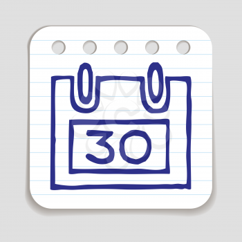 Doodle Calendar icon with last day of month. Blue pen hand drawn infographic symbol on a notepaper piece. Line art style graphic design element. Deadline, appointment, planning, responsibility concept