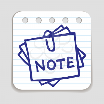 Doodle Note icon. Blue pen hand drawn infographic symbol on a notepaper piece. Line art style graphic design element. Web button with shadow. Office supplies, taking notes concept.