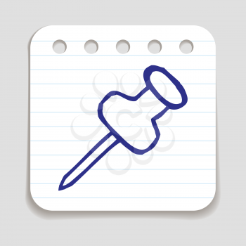Doodle Pin icon. Blue pen hand drawn infographic symbol on a notepaper piece. Line art style graphic design element. Web button with shadow. Pinning, attaching, attention, office post-it concept. 