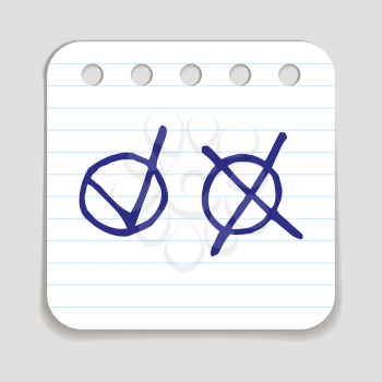 Doodle Check icon. Blue pen hand drawn infographic symbol on a notepaper piece. Line art style graphic design element. Web button with shadow. Choice, vote, approval or disapproval concept. 