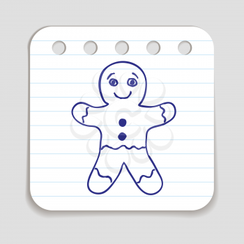 Gingerbread man cookie. Blue pen hand drawn infographic symbol on a notepaper piece. Line art style graphic design element. Web button with shadow. New Year day eve christmas winter holiday food silve