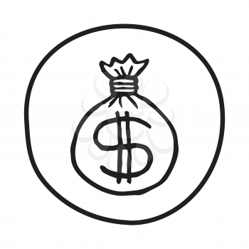 Doodle Money Bag icon. Infographic symbol in a circle. Line art style graphic design element. Web button. Money, spendings, currency, financial concept. 