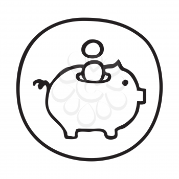 Doodle Piggy Bank icon. BInfographic symbol in a circle. Line art style graphic design element. Web button. Savings, investment, falling coins, money concept. 