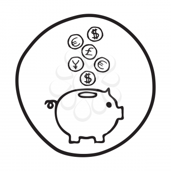 Doodle Piggy Bank icon. Infographic symbol in a circle. Line art style graphic design element. Web button. Savings, investment, falling coins, money concept. 