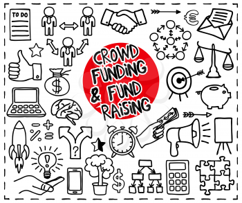 Crowd funding and Fond Raising Doodle set. Start up, launching of new project concept. Graphic elements - thumb up, alarm clock, rocket, light bulb idea, handshake, puzzle pieces. Vector illustration
