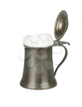Metallic beer mug with beer isolated on white