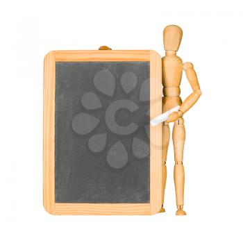 Wooden mannequin and chalkboard isolated on white