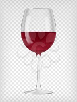 Wine glass. Red wine in a glass. Clear glass with red drink. Alcoholic beverage. Transparent vector.  Graphic design element.