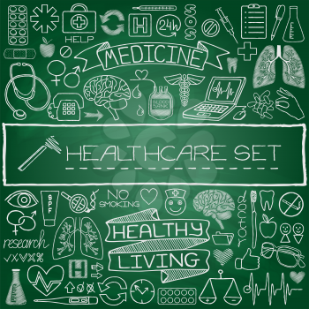 Hand drawn medical set of icons with medical and science tools, human organs, diagrams etc. Green chalkboard effect. Vector illustration.