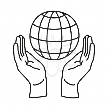 Doodle icon. Two hands holding a globe. Save the Earth. Environmental concept. Line art icon for web, mobile and infographics. Vector illustration.