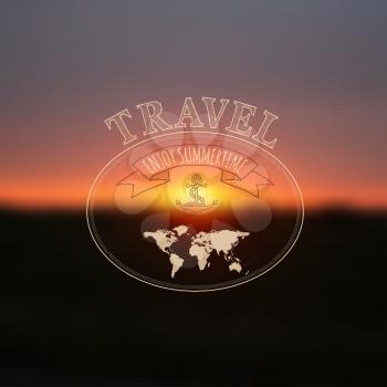 Travel label on blurred sunset background, hipster style. Vector illustration.