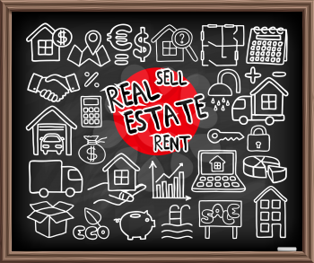 Real Estate set. Freehand doodle icons on chalkboard. Graphic design elements - selling house, moving, boxes, lending money symbols and more. Vector illustration