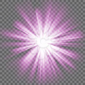Purple glowing light. Bright shining star. Bursting explosion. Transparent background. Rays of light. Glaring effect with transparency. Abstract glowing light background. Vector illustration.