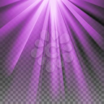 Purple flare rays. Violet vibrant color. Glaring effect with transparency. Abstract glowing light background. Ready to apply. Graphic element for documents, templates, posters, flyers. Vector illustra