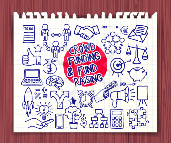 Crowd funding and Fond Raising. Doodle icons pen on paper. Start up, launching of new project concept. Graphic elements thumb up, alarm clock, light bulb idea, handshake, puzzle. Vector illustration