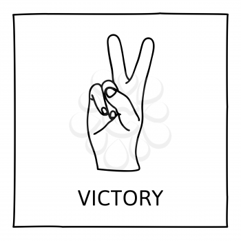 Doodle PEACE and VICTORY icon. Hand drawn gesture symbol. Line art style graphic design element. Success, pacifist, political position concept. Vector illustration