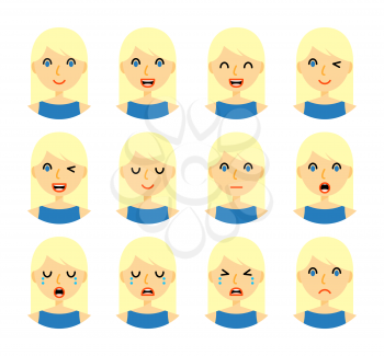 Woman emotions. Beautiful girl with blond hair. Facial expression icons set. Isolated on whote background. Set of woman avatars. Vector illustration.