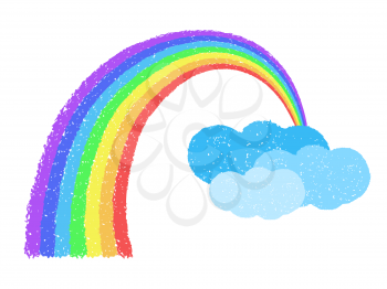 Coloful rainbow with clouds on the background. Hand drawn with oil pastel crayons. Grunge graphic design element. Weather concept. Vector Illustration