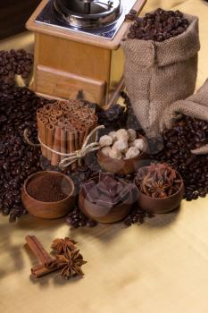 Still-life with coffee, coffee beans and spices. Coffee time concept