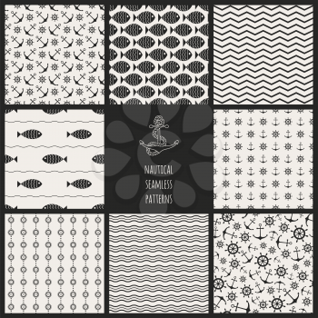 Set of 8 seamless nautical patterns with anchors, ship wheels, fish, chevron and waves. Design elements for printables, wallpaper, baby shower invitation, birthday card, scrapbooking, fabric print.