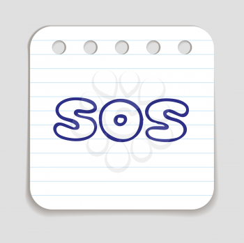 Doodle SOS icon. Blue pen hand drawn infographic symbol on a notepaper piece. Line art style graphic design element. Web button with shadow. Sos, help concept.